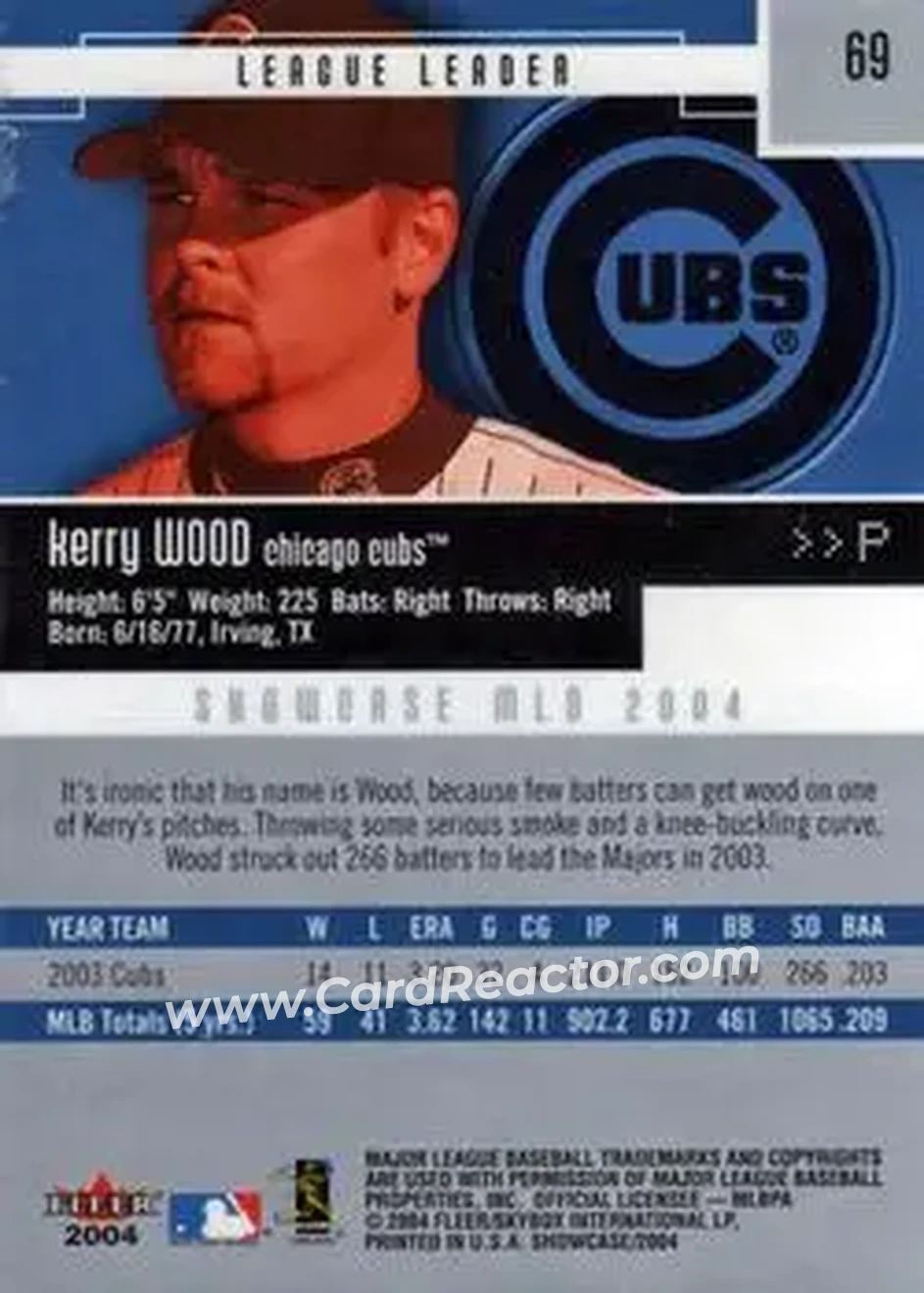 2004 Fleer Showcase #69 - Kerry Wood - Chicago Cubs - Back