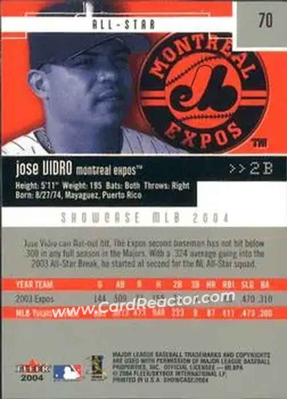 2004 Fleer Showcase #70 - Jose Vidro - Montreal Expos - Back