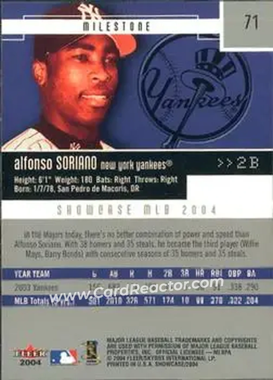 2004 Fleer Showcase #71 - Alfonso Soriano - New York Yankees - Back