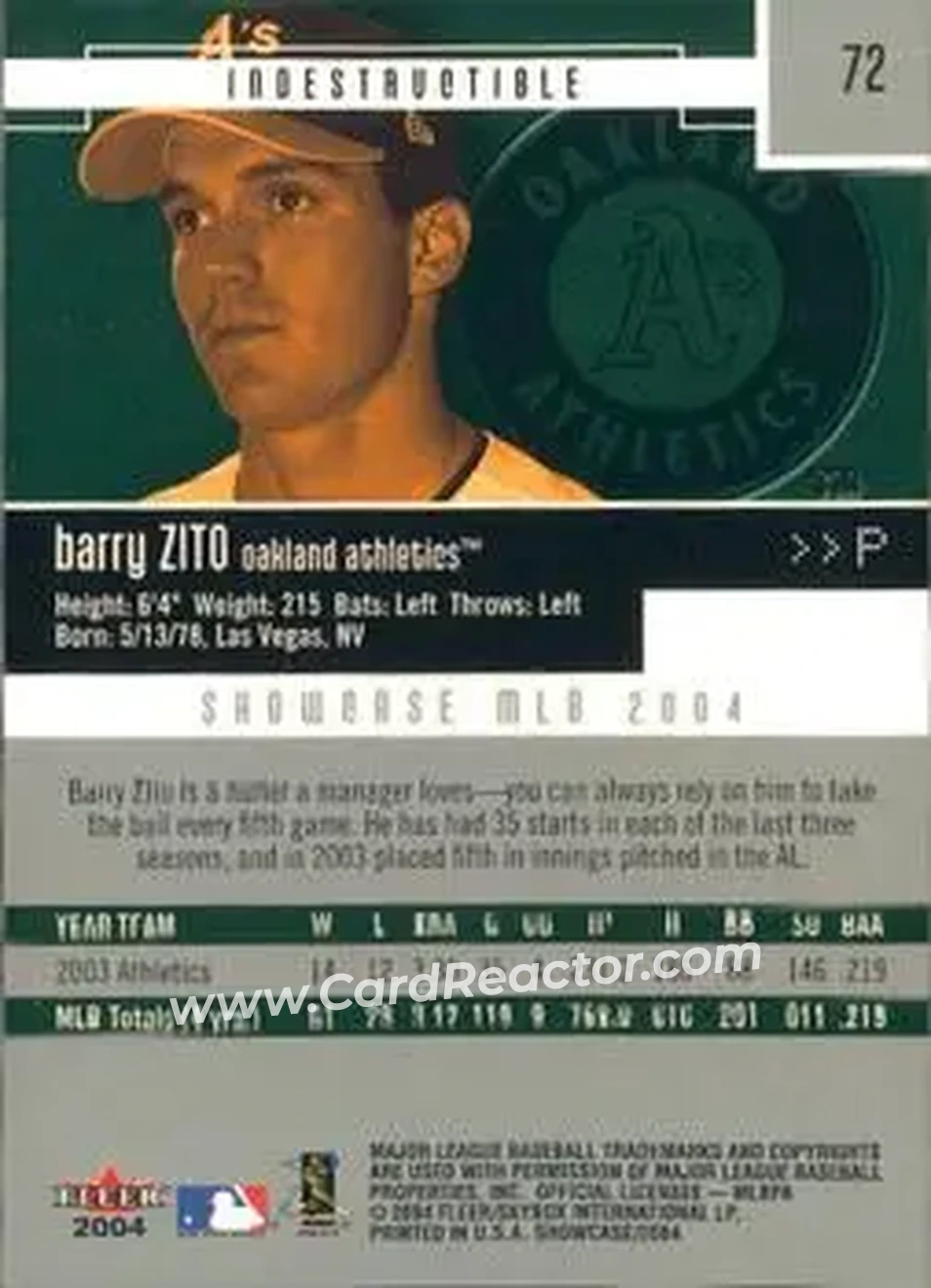 2004 Fleer Showcase #72 - Barry Zito - Oakland Athletics - Back