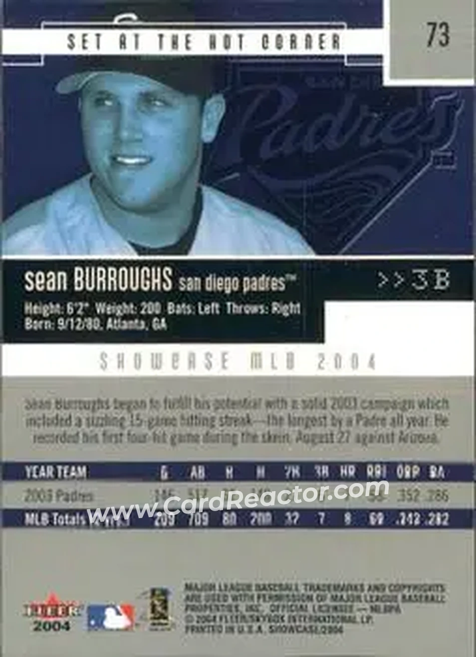 2004 Fleer Showcase #73 - Sean Burroughs - San Diego Padres - Back 2004 Fleer Showcase #73 - Sean Burroughs - San Diego Padres - Back