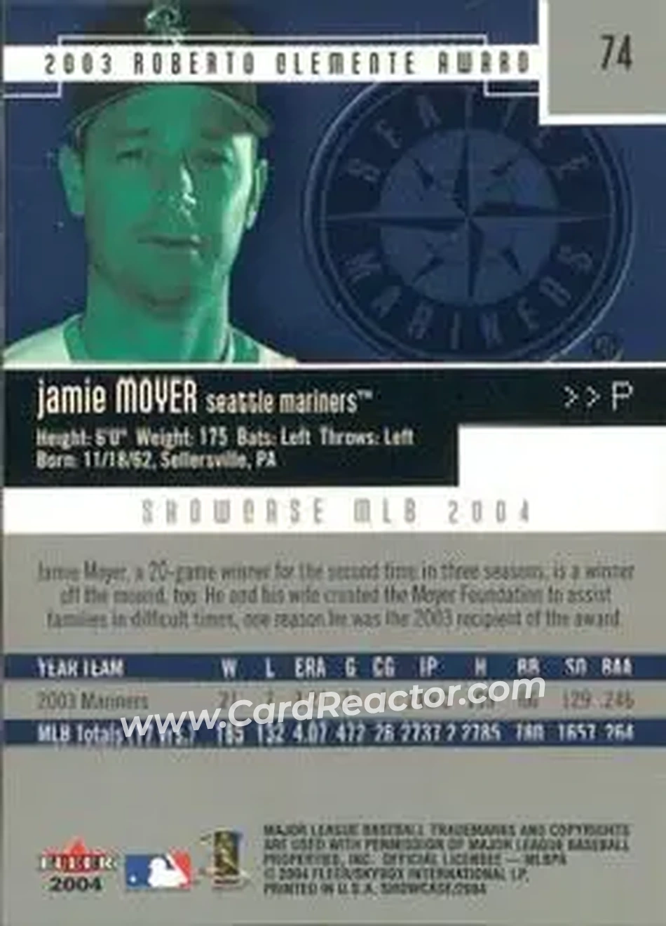 2004 Fleer Showcase #74 - Jamie Moyer - Seattle Mariners - Back