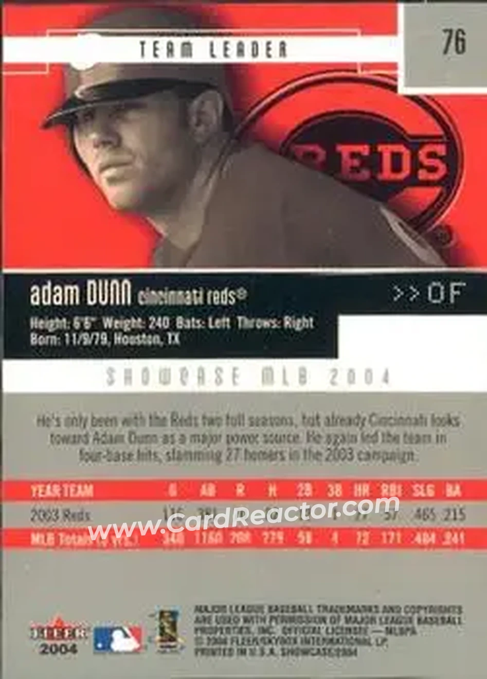 2004 Fleer Showcase #76 - Adam Dunn - Cincinnati Reds - Back