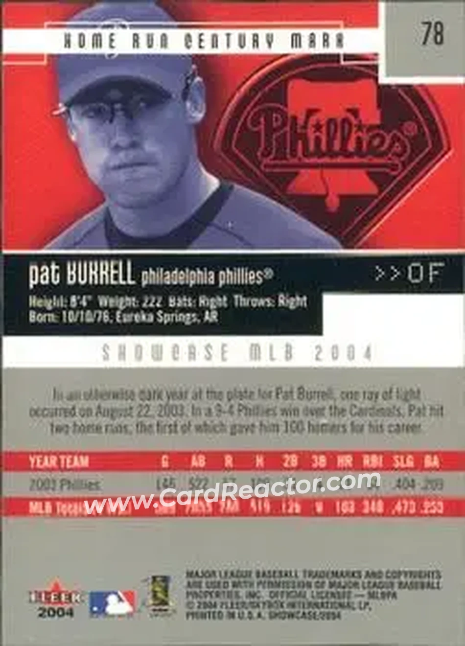 2004 Fleer Showcase #78 - Pat Burrell - Philadelphia Phillies - Back