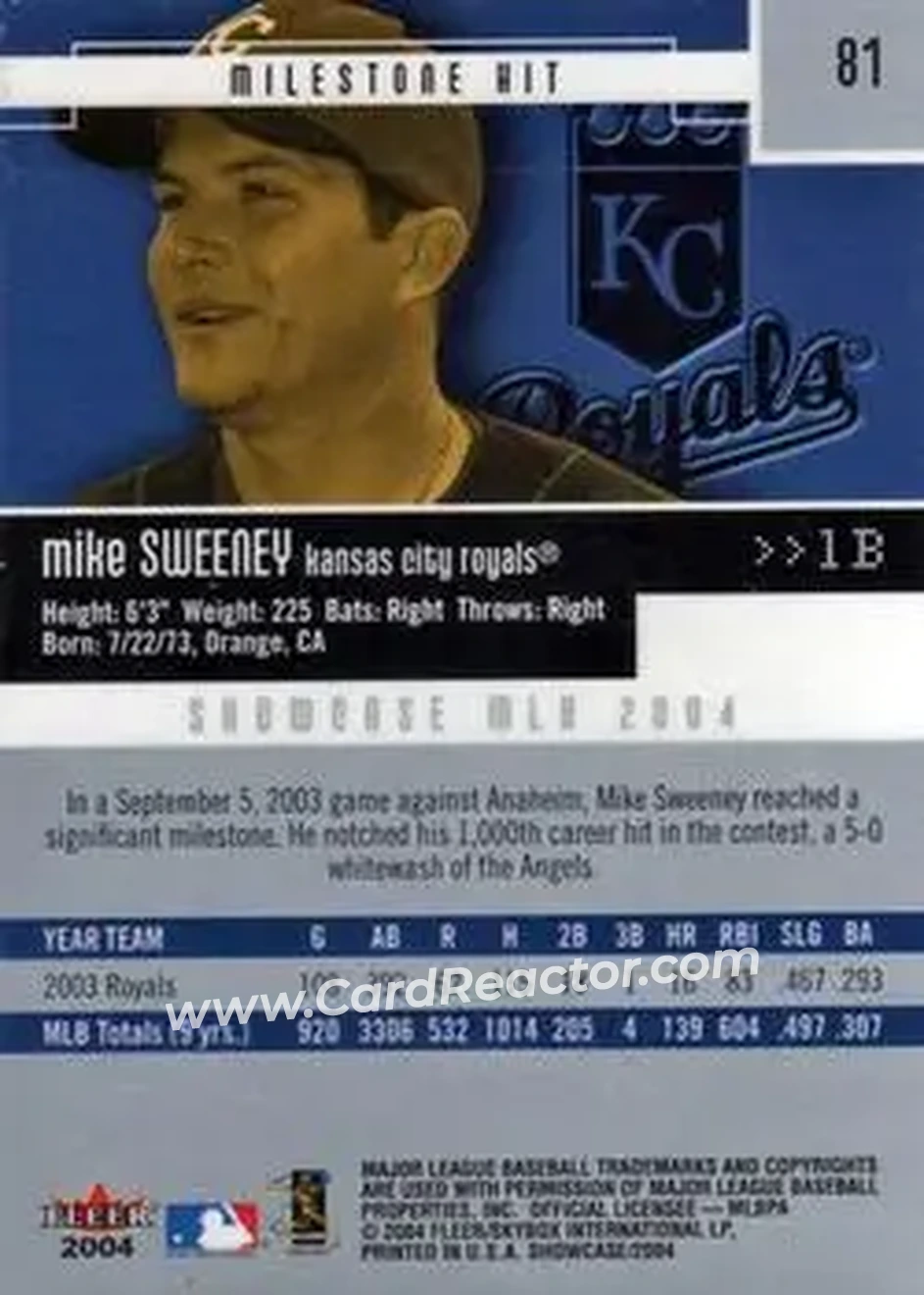 2004 Fleer Showcase #81 - Mike Sweeney - Kansas City Royals - Back 2004 Fleer Showcase #81 - Mike Sweeney - Kansas City Royals - Back