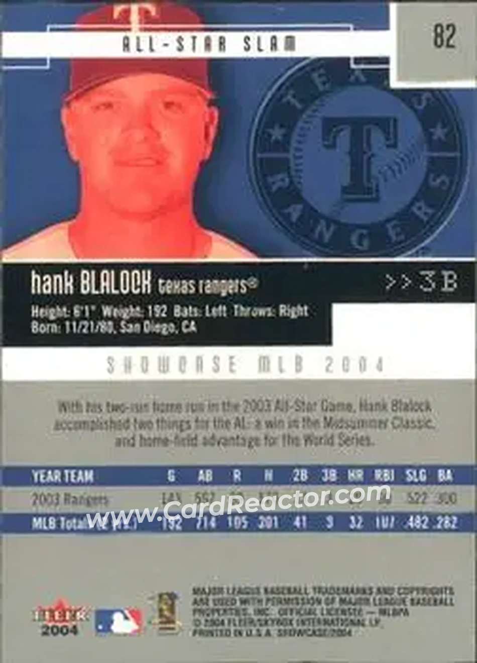 2004 Fleer Showcase #82 - Hank Blalock - Texas Rangers - Back 2004 Fleer Showcase #82 - Hank Blalock - Texas Rangers - Back