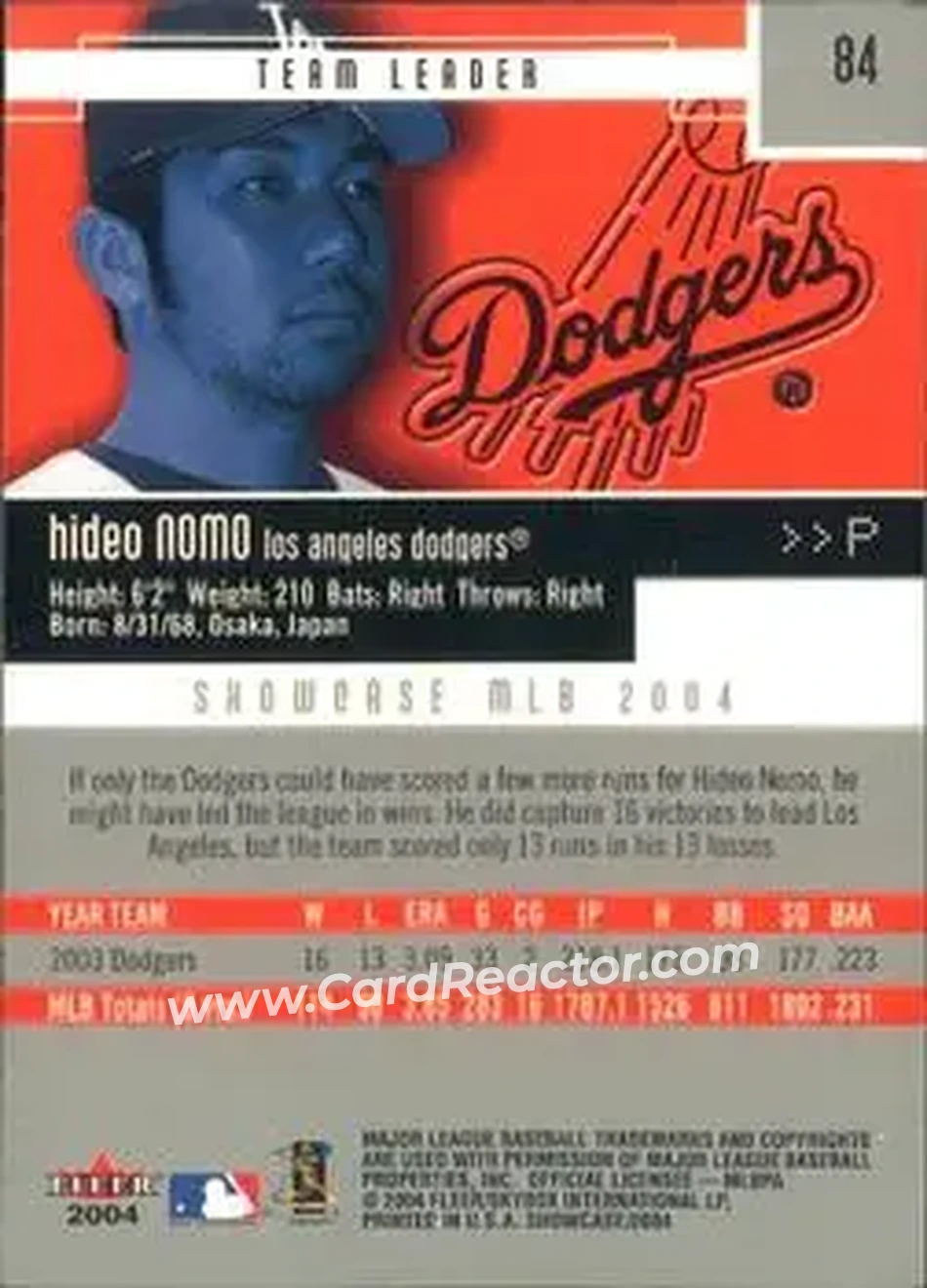 2004 Fleer Showcase #84 - Hideo Nomo - Los Angeles Dodgers - Back