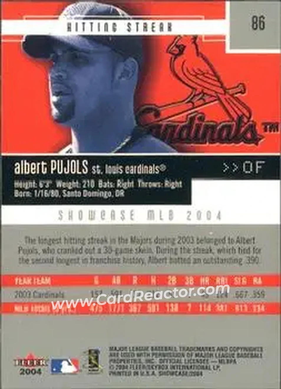 2004 Fleer Showcase #86 - Albert Pujols - St. Louis Cardinals - Back