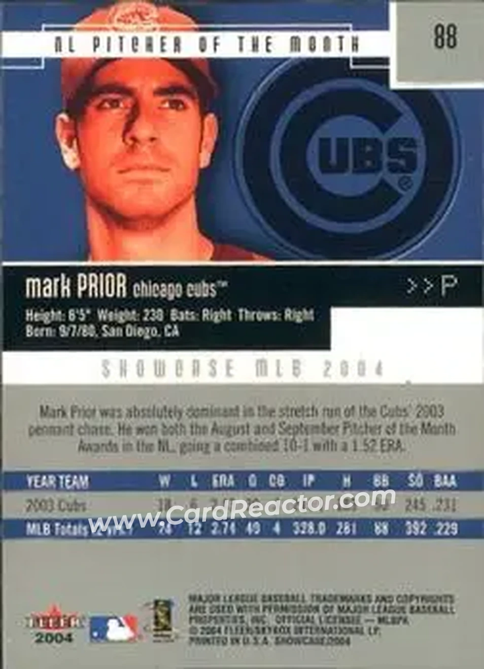 2004 Fleer Showcase #88 - Mark Prior - Chicago Cubs - Back