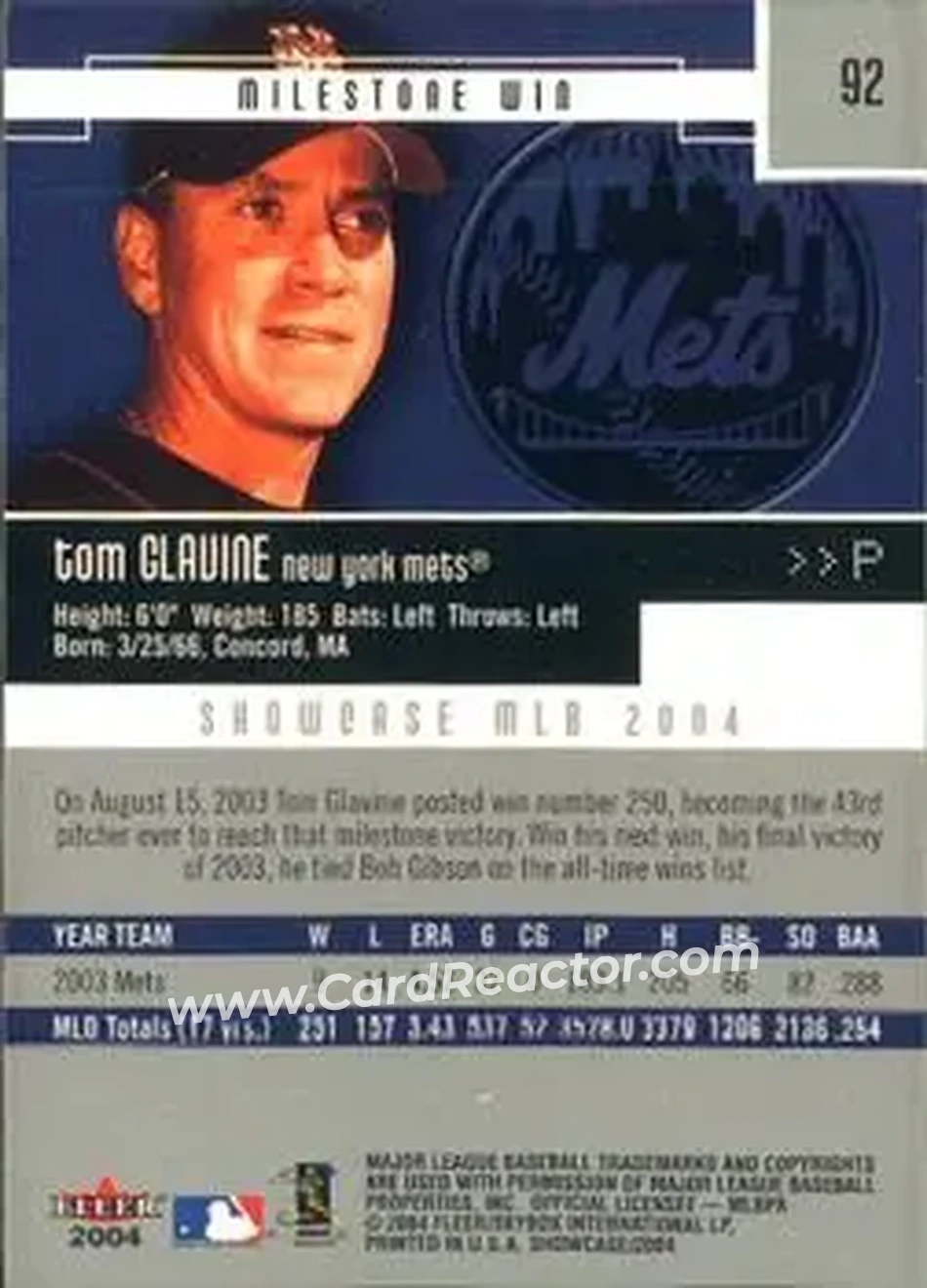 2004 Fleer Showcase #92 - Tom Glavine - New York Mets - Back
