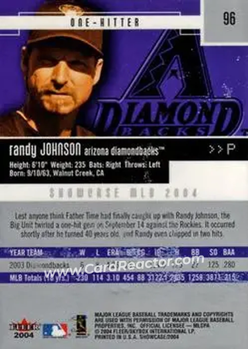2004 Fleer Showcase #96 - Randy Johnson - Arizona Diamondbacks - Back