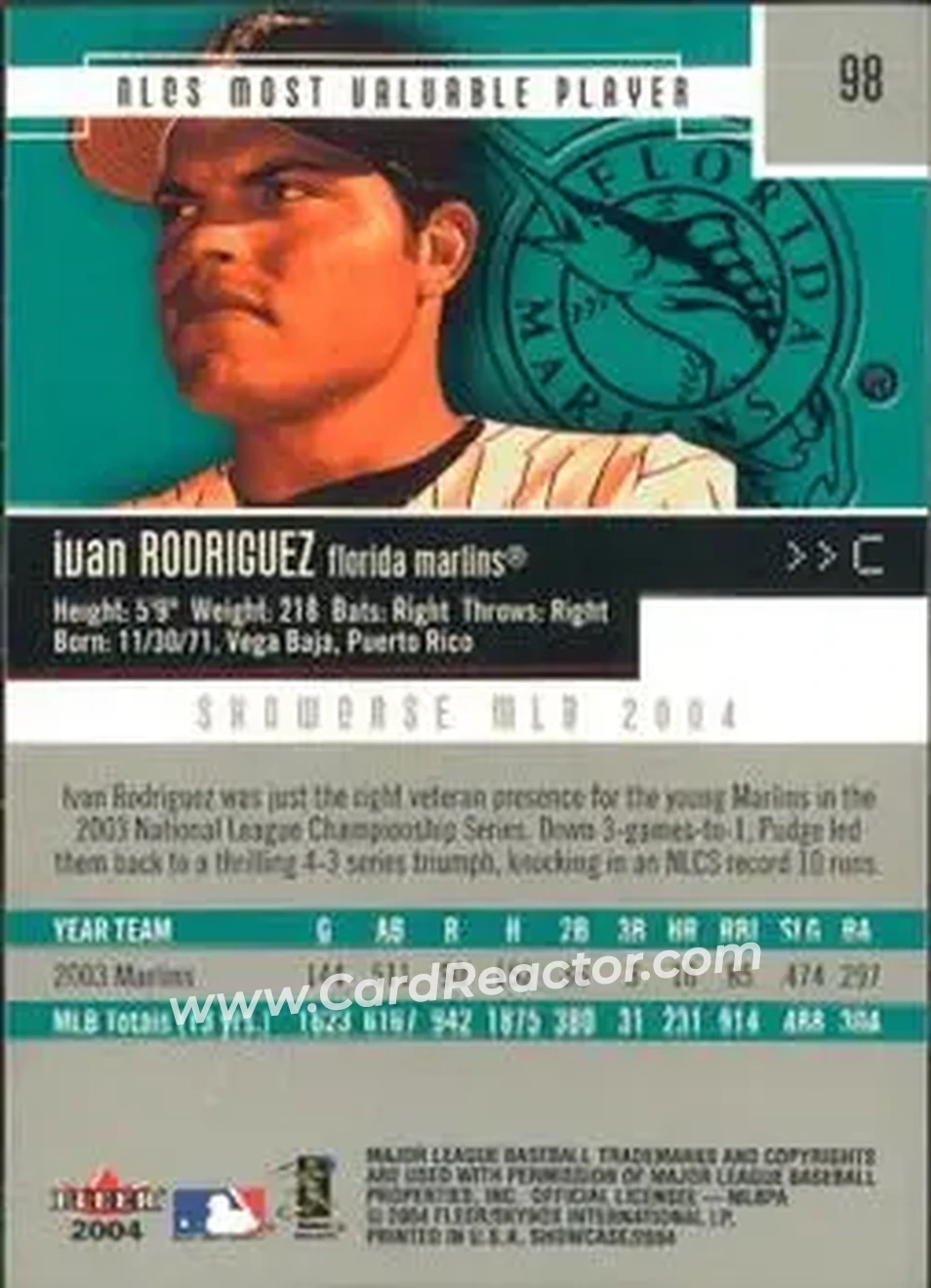 2004 Fleer Showcase #98 - Ivan Rodriguez - Florida Marlins - Back