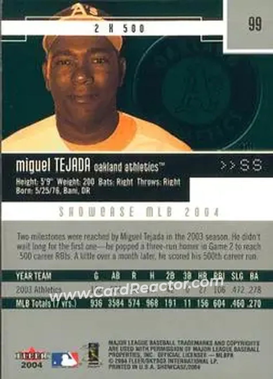 2004 Fleer Showcase #99 - Miguel Tejada - Oakland Athletics - Back