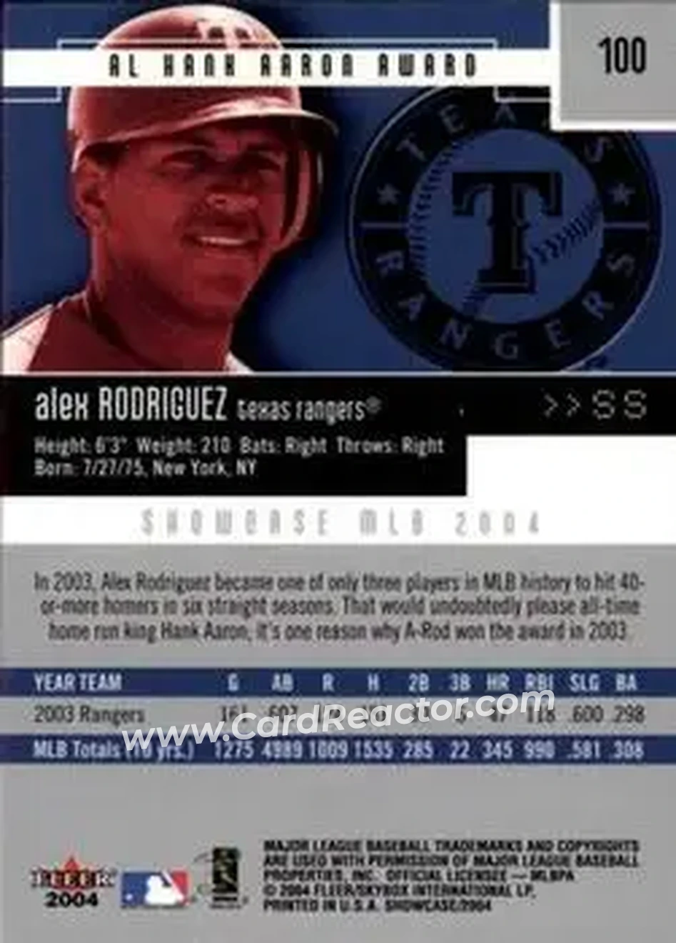 2004 Fleer Showcase #100 - Alex Rodriguez - Texas Rangers - Back