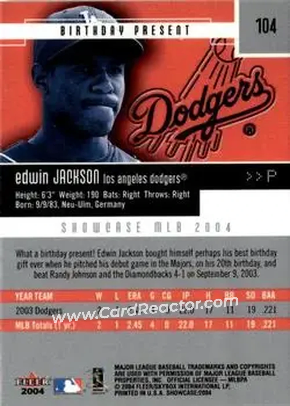 2004 Fleer Showcase #104 - Edwin Jackson - Los Angeles Dodgers - Back