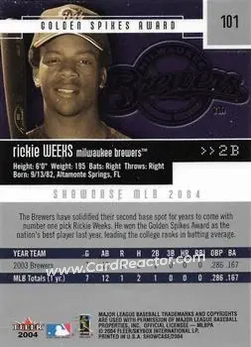 2004 Fleer Showcase #101 - Rickie Weeks - Milwaukee Brewers - Back 2004 Fleer Showcase #101 - Rickie Weeks - Milwaukee Brewers - Back