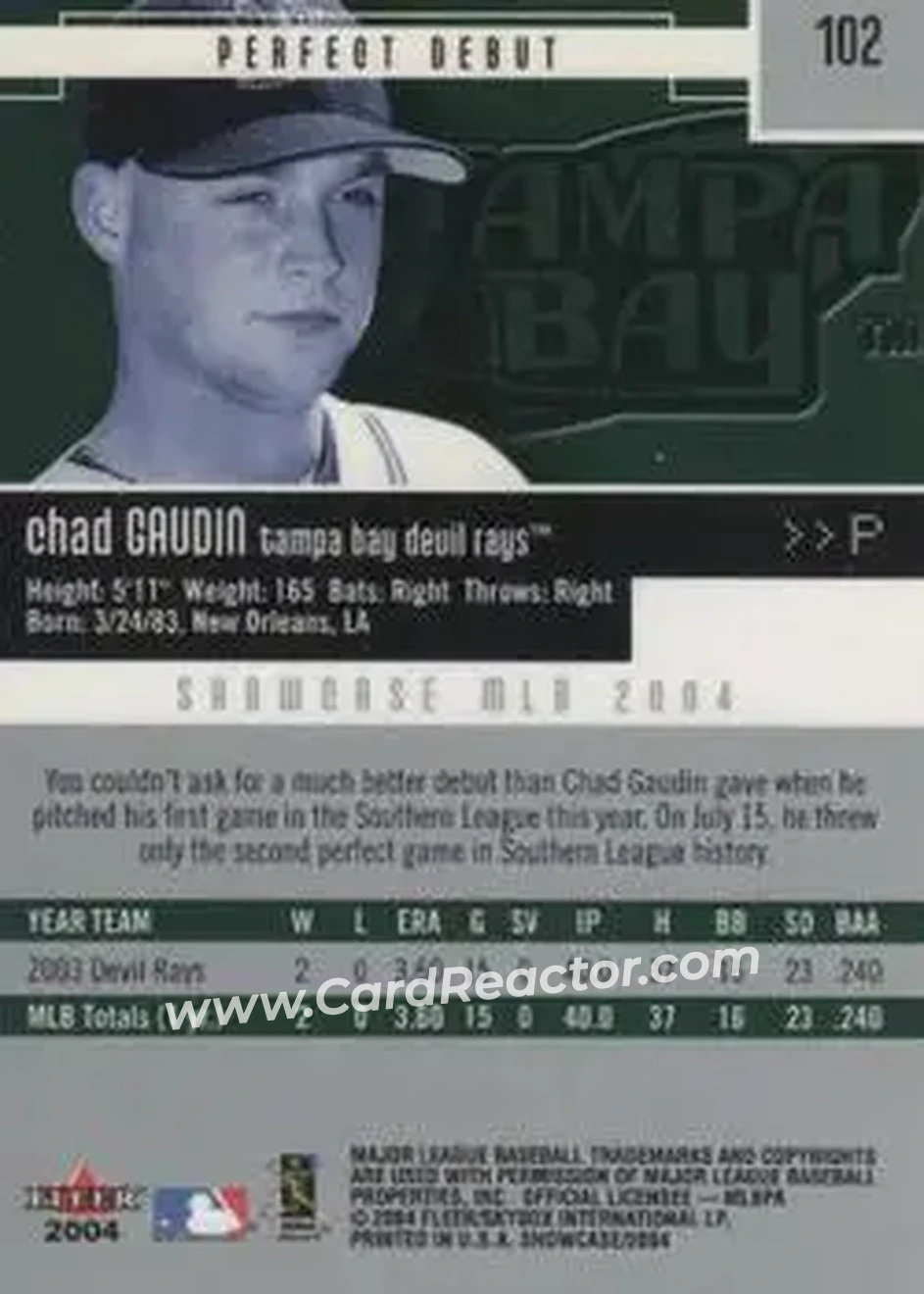 2004 Fleer Showcase #102 - Chad Gaudin - Tampa Bay Devil Rays - Back