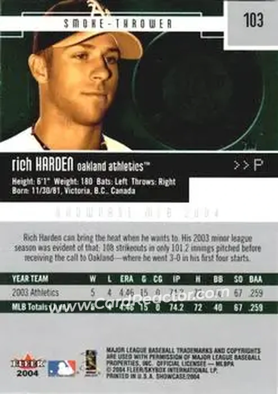 2004 Fleer Showcase #103 - Rich Harden - Oakland Athletics - Back 2004 Fleer Showcase #103 - Rich Harden - Oakland Athletics - Back