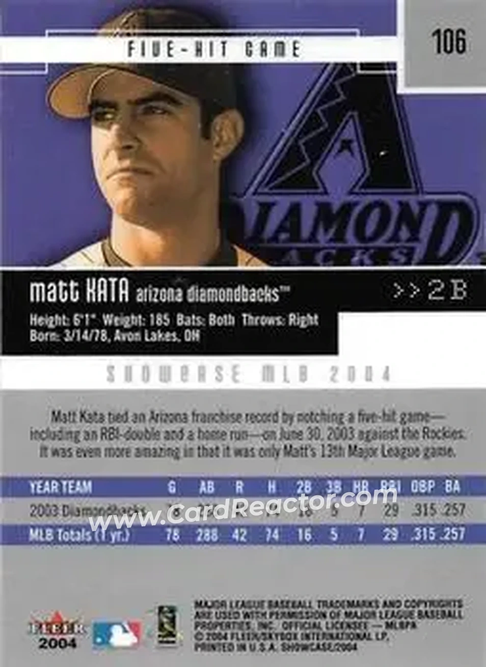 2004 Fleer Showcase #106 - Matt Kata - Arizona Diamondbacks - Back