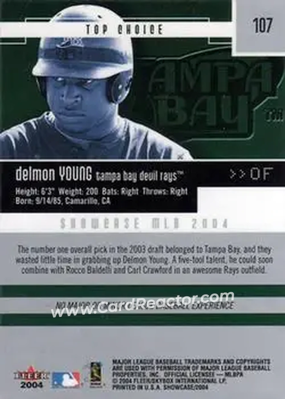 2004 Fleer Showcase #107 - Delmon Young - Tampa Bay Devil Rays - Back