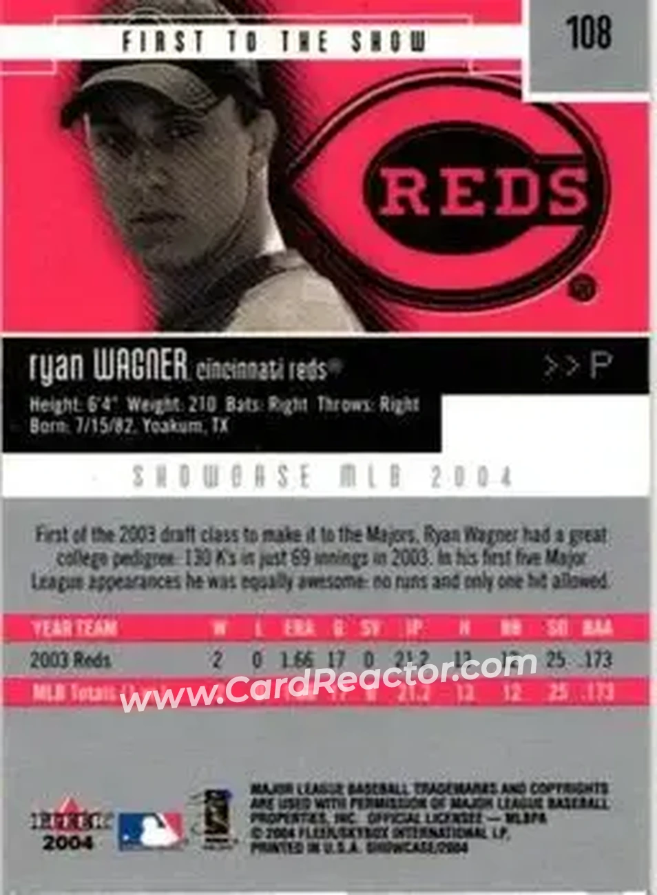 2004 Fleer Showcase #108 - Ryan Wagner - Cincinnati Reds - Back 2004 Fleer Showcase #108 - Ryan Wagner - Cincinnati Reds - Back