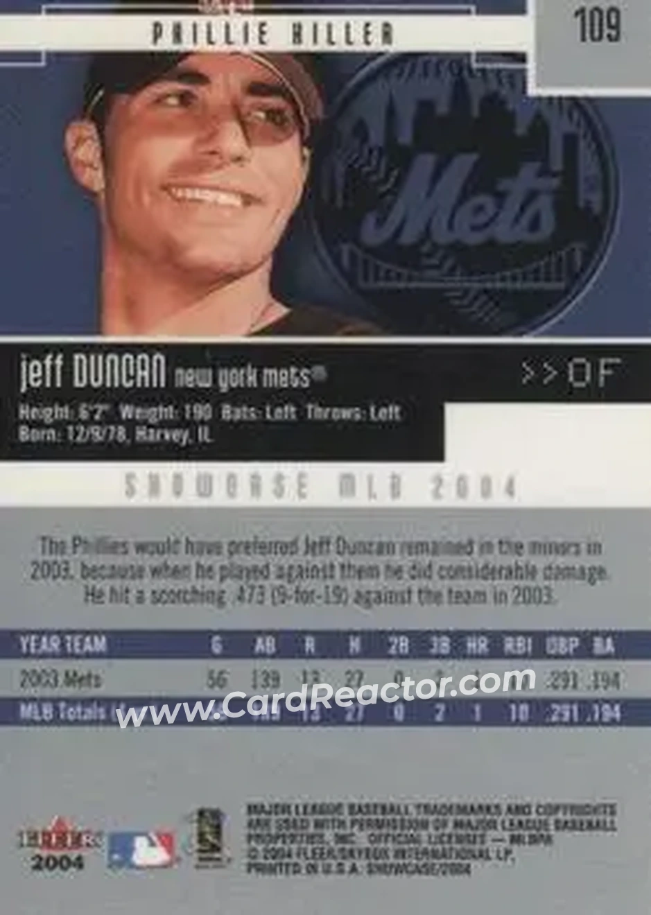 2004 Fleer Showcase #109 - Jeff Duncan - New York Mets - Back 2004 Fleer Showcase #109 - Jeff Duncan - New York Mets - Back