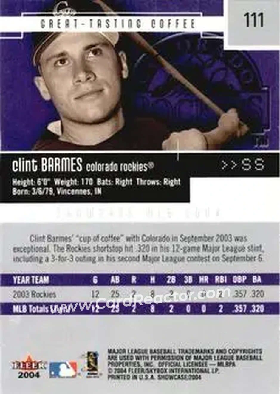2004 Fleer Showcase #111 - Clint Barmes - Colorado Rockies - Back