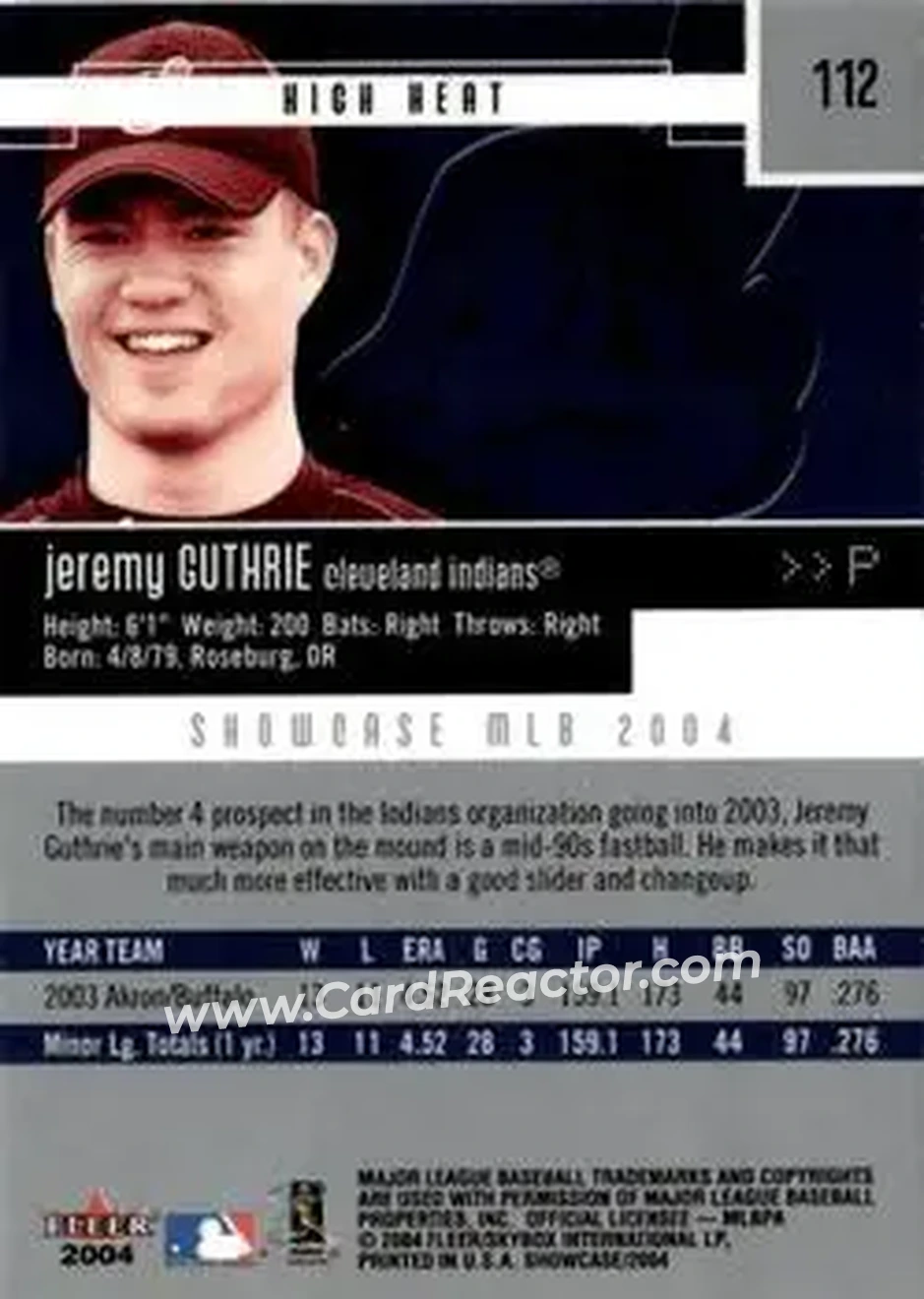2004 Fleer Showcase #112 - Jeremy Guthrie - Cleveland Indians - Back 2004 Fleer Showcase #112 - Jeremy Guthrie - Cleveland Indians - Back