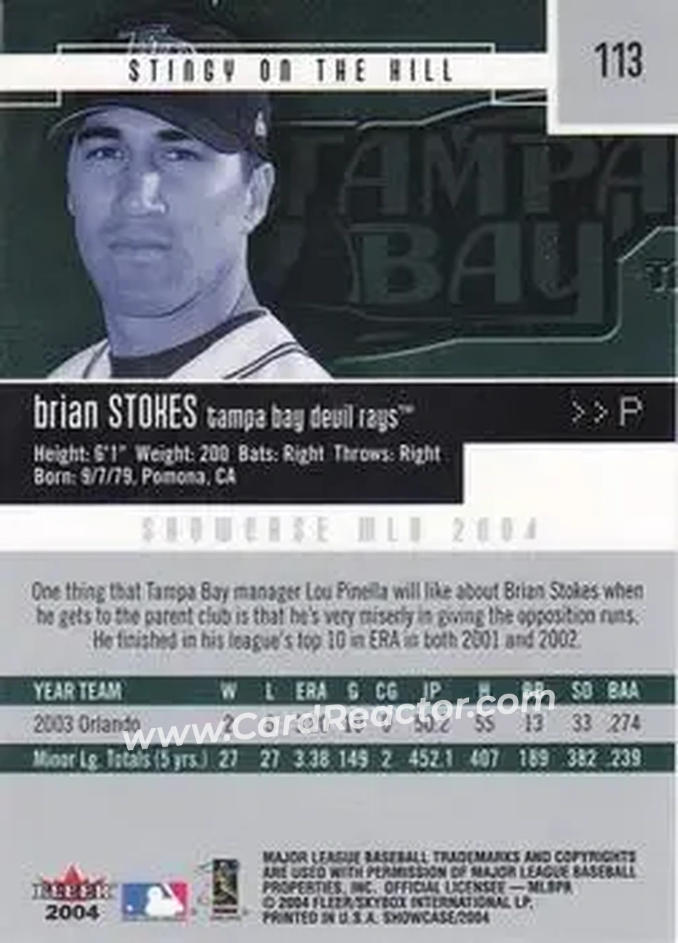 2004 Fleer Showcase #113 - Brian Stokes - Tampa Bay Devil Rays - Back 2004 Fleer Showcase #113 - Brian Stokes - Tampa Bay Devil Rays - Back