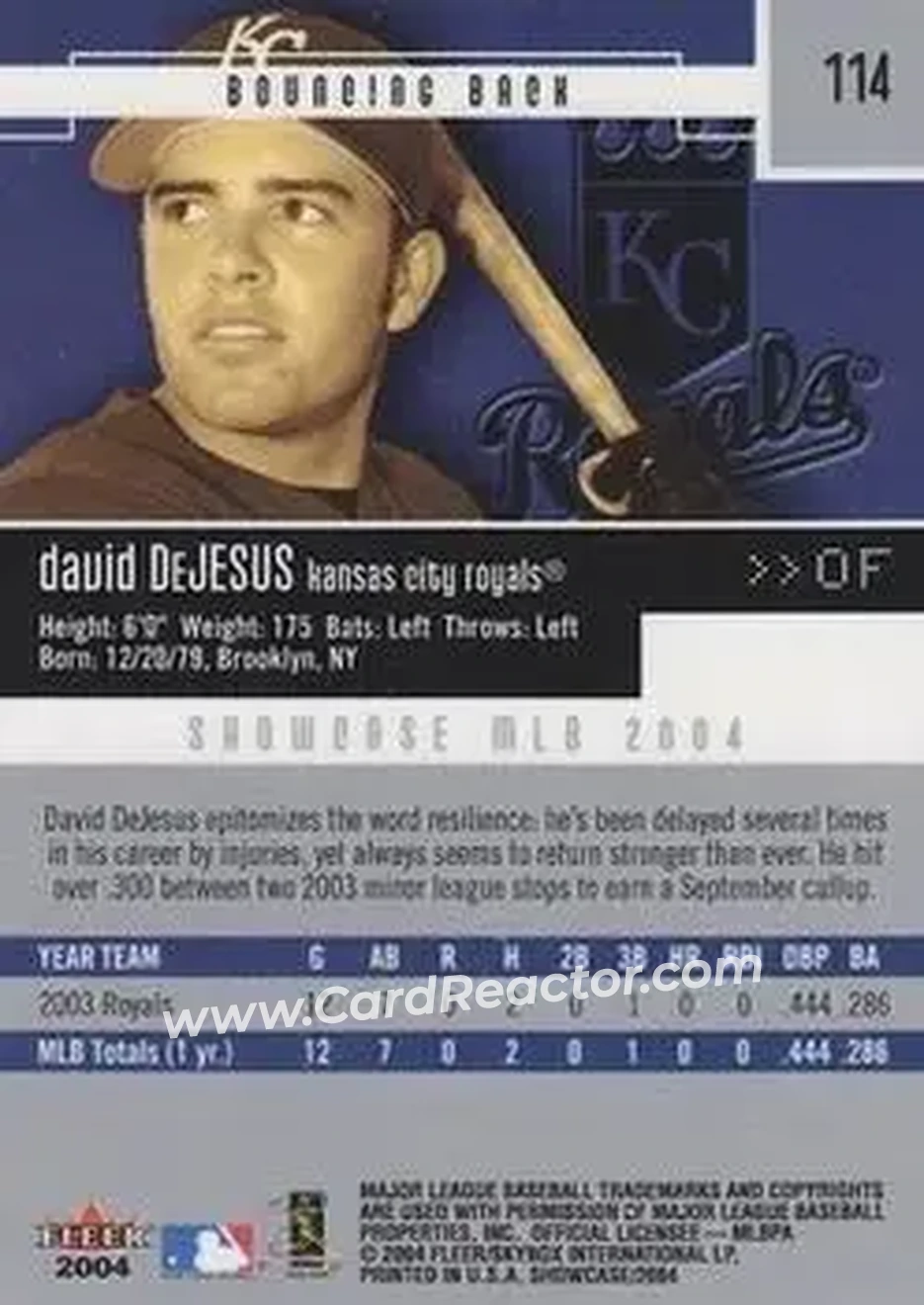 2004 Fleer Showcase #114 - David DeJesus - Kansas City Royals - Back