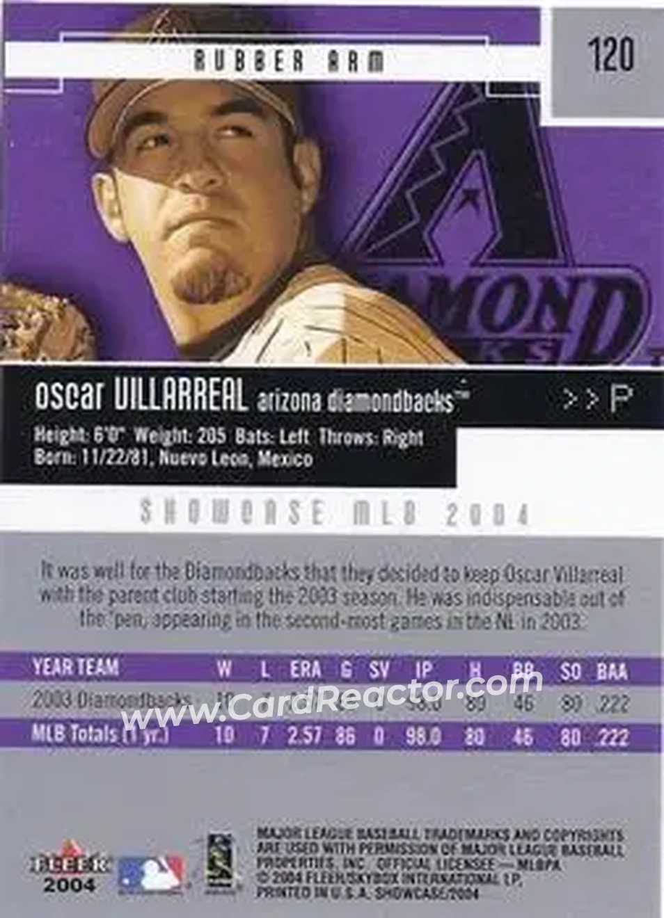 2004 Fleer Showcase #120 - Oscar Villarreal - Arizona Diamondbacks - Back 2004 Fleer Showcase #120 - Oscar Villarreal - Arizona Diamondbacks - Back