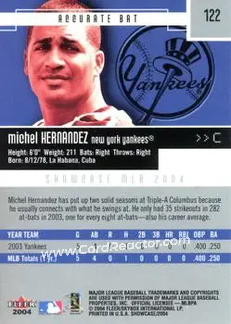 2004 Fleer Showcase #122 - Michel Hernandez - New York Yankees - Back