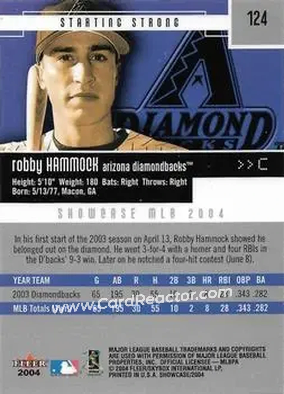 2004 Fleer Showcase #124 - Robby Hammock - Arizona Diamondbacks - Back 2004 Fleer Showcase #124 - Robby Hammock - Arizona Diamondbacks - Back