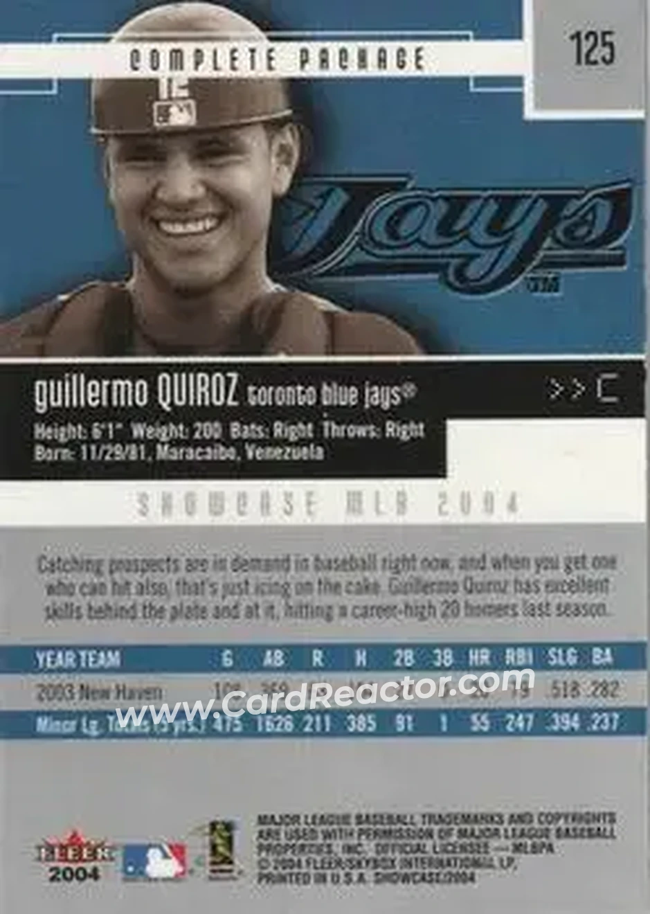 2004 Fleer Showcase #125 - Guillermo Quiroz - Toronto Blue Jays - Back 2004 Fleer Showcase #125 - Guillermo Quiroz - Toronto Blue Jays - Back