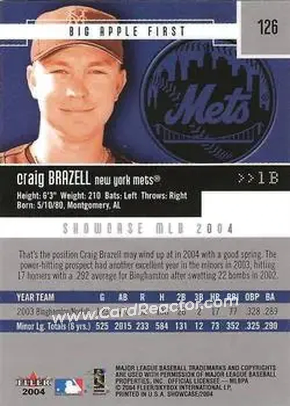 2004 Fleer Showcase #126 - Craig Brazell - New York Mets - Back