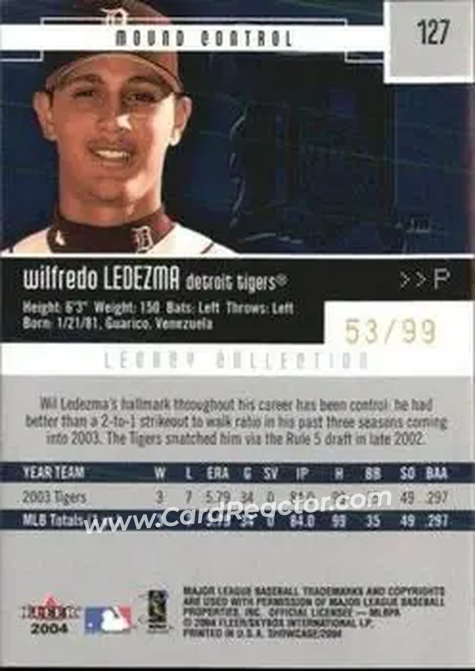 2004 Fleer Showcase #127 - Wilfredo Ledezma - Detroit Tigers - Back
