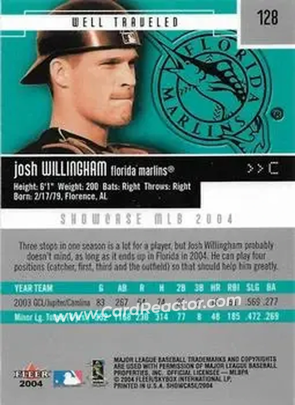 2004 Fleer Showcase #128 - Josh Willingham - Florida Marlins - Back 2004 Fleer Showcase #128 - Josh Willingham - Florida Marlins - Back