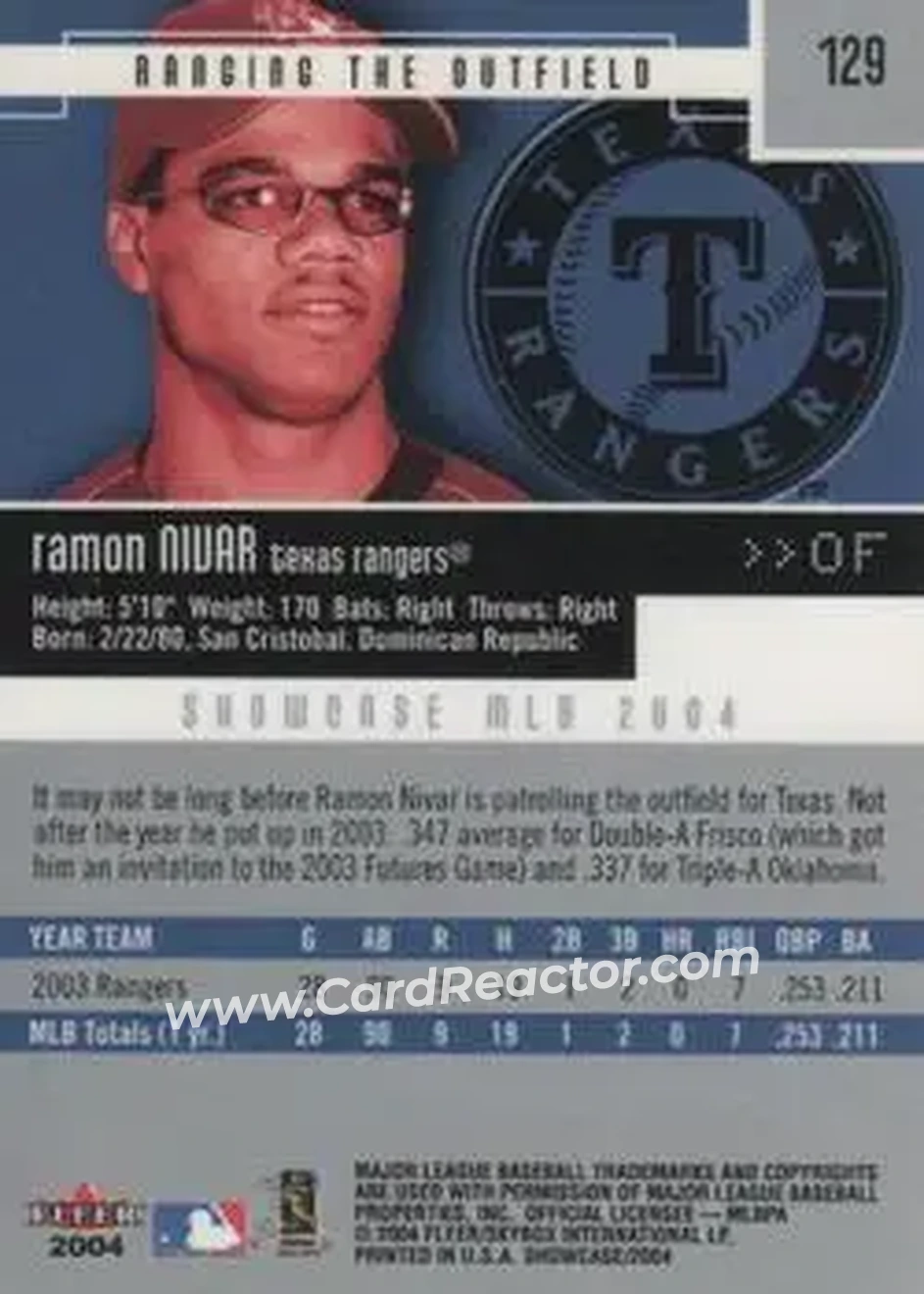 2004 Fleer Showcase #129 - Ramon Nivar - Texas Rangers - Back