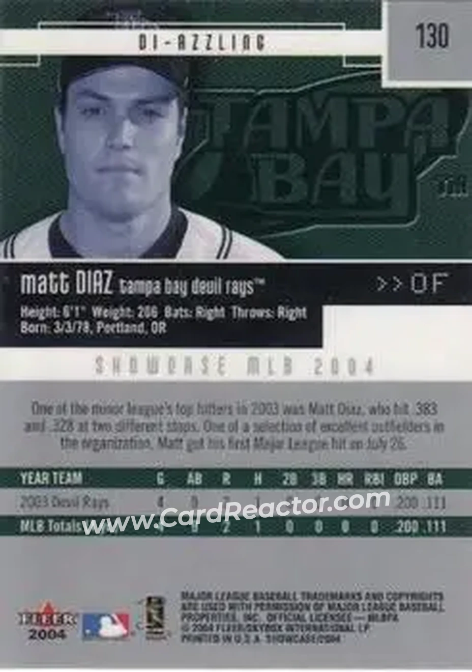 2004 Fleer Showcase #130 - Matt Diaz - Tampa Bay Devil Rays - Back 2004 Fleer Showcase #130 - Matt Diaz - Tampa Bay Devil Rays - Back