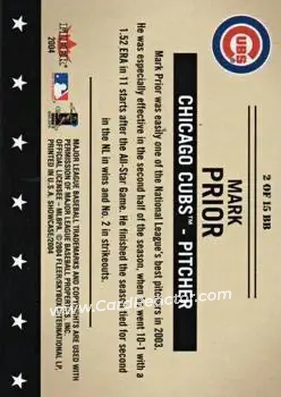 2004 Fleer Showcase - Baseball's Best #2 BB - Mark Prior - Chicago Cubs - Back