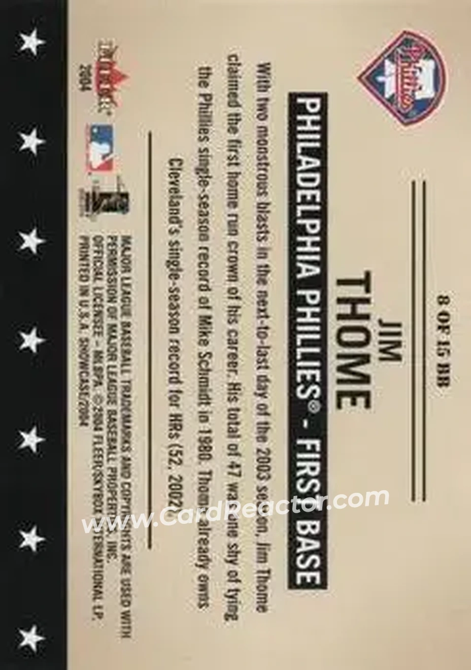 2004 Fleer Showcase - Baseball's Best #8 BB - Jim Thome - Philadelphia Phillies - Back 2004 Fleer Showcase - Baseball's Best #8 BB - Jim Thome - Philadelphia Phillies - Back