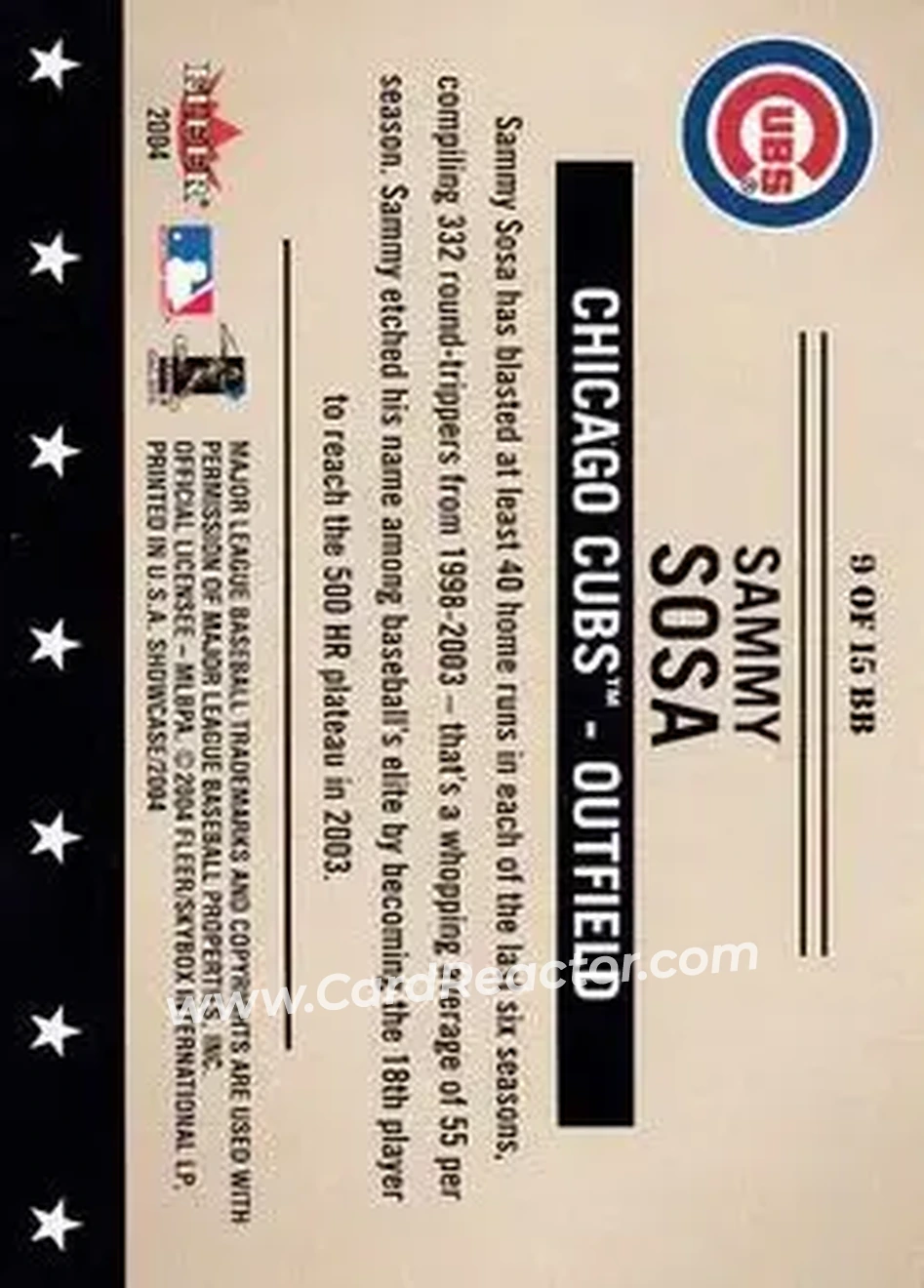 2004 Fleer Showcase - Baseball's Best #9 BB - Sammy Sosa - Chicago Cubs - Back 2004 Fleer Showcase - Baseball's Best #9 BB - Sammy Sosa - Chicago Cubs - Back