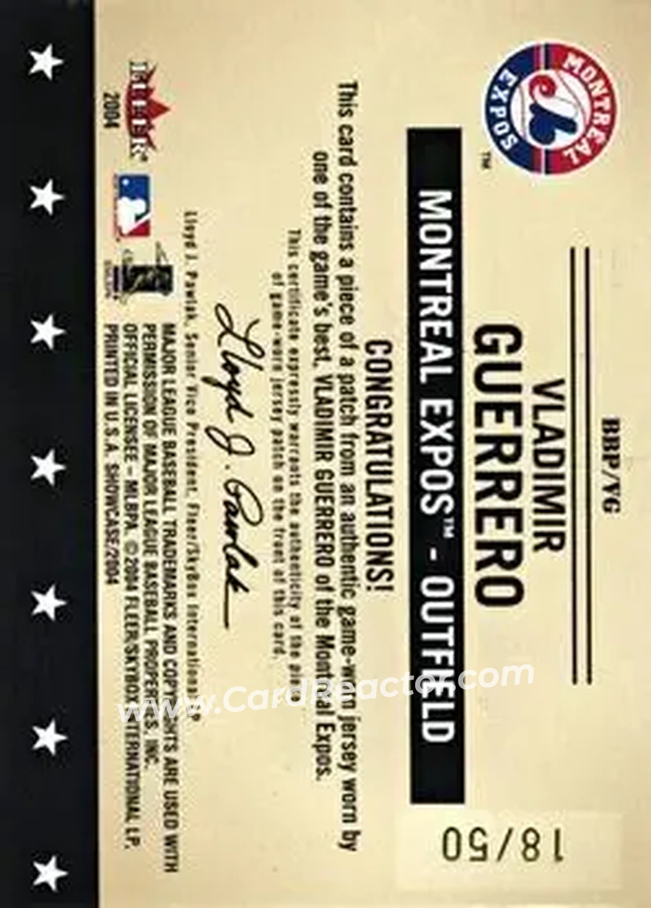 2004 Fleer Showcase - Baseball's Best Game-Worn Patch #BBP/VG - Vladimir Guerrero - Montreal Expos - Back