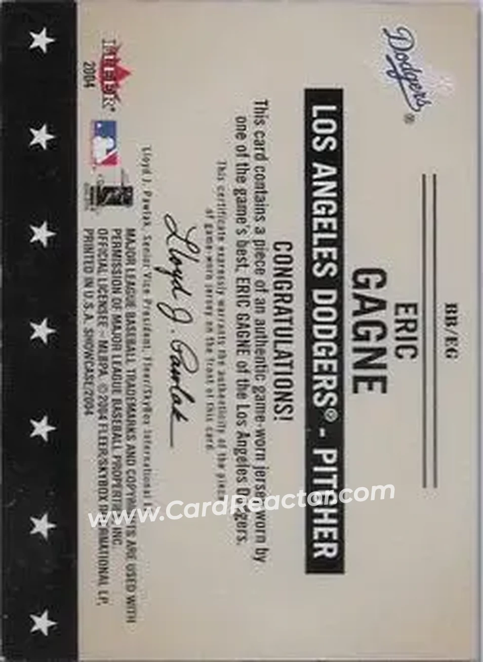 2004 Fleer Showcase - Baseball's Best Game-Worn #BB/EG - Eric Gagne - Los Angeles Dodgers - Back