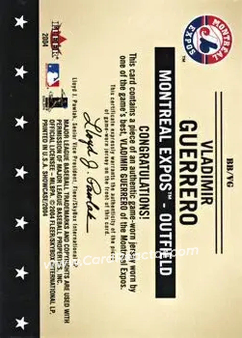 2004 Fleer Showcase - Baseball's Best Game-Worn #BB/VG - Vladimir Guerrero - Montreal Expos - Back
