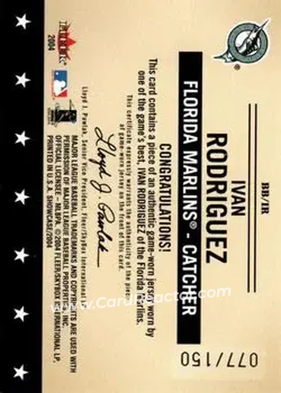 2004 Fleer Showcase - Baseball's Best Game-Worn Gold #BB/IR - Ivan Rodriguez - Florida Marlins - Back