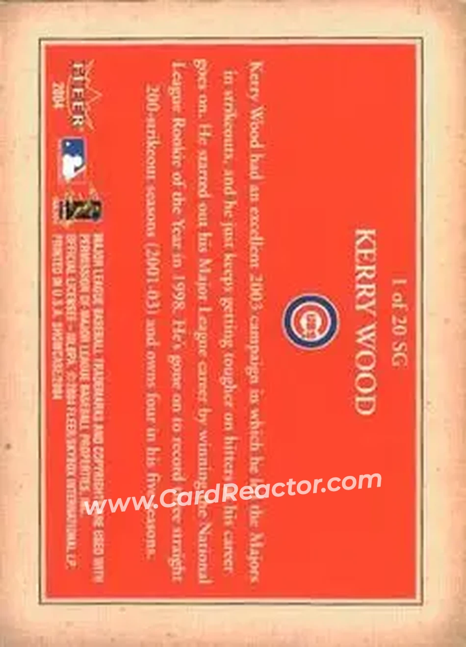 2004 Fleer Showcase - Showcase Grace #1 SG - Kerry Wood - Chicago Cubs - Back