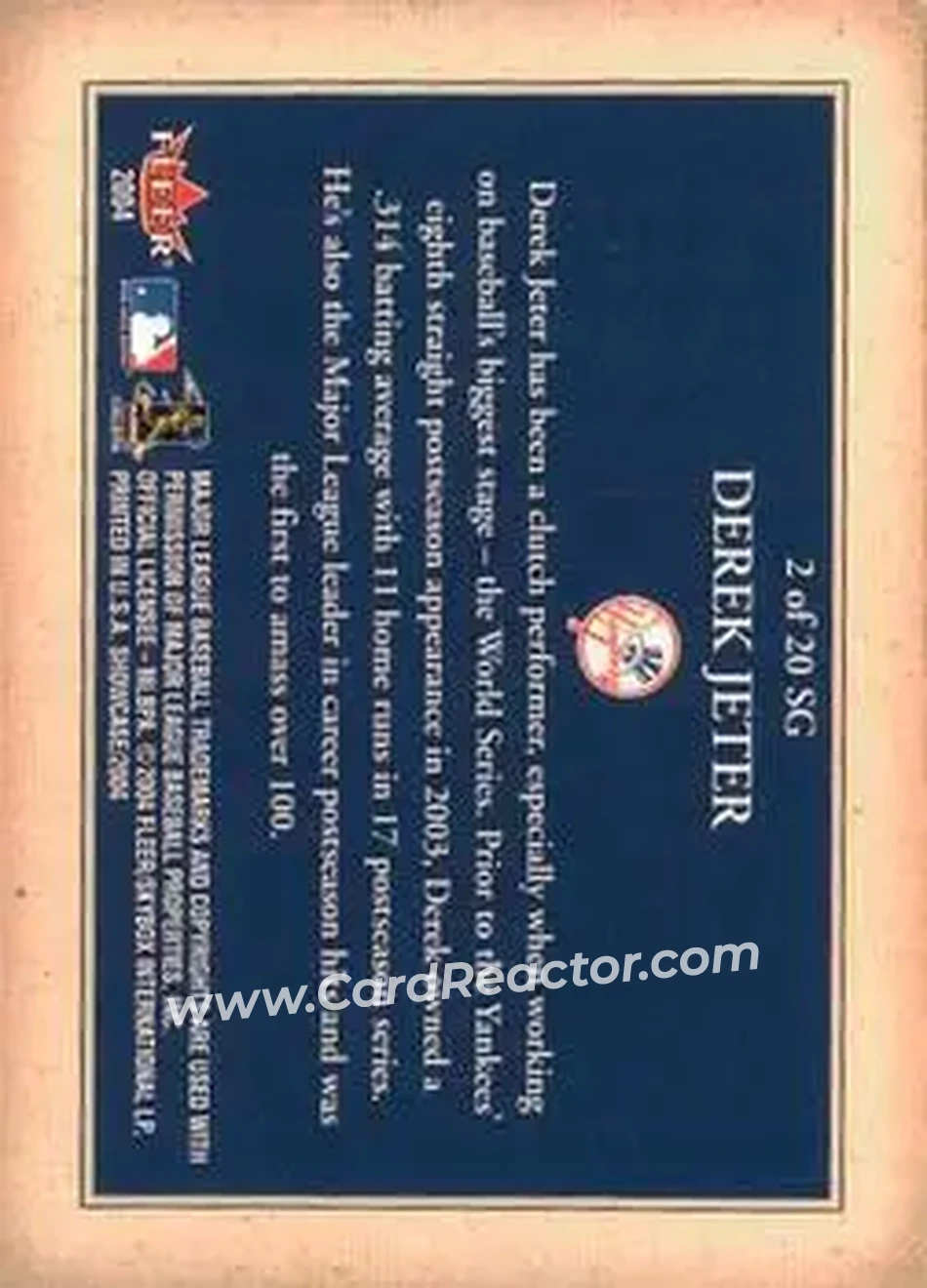 2004 Fleer Showcase - Showcase Grace #2 SG - Derek Jeter - New York Yankees - Back