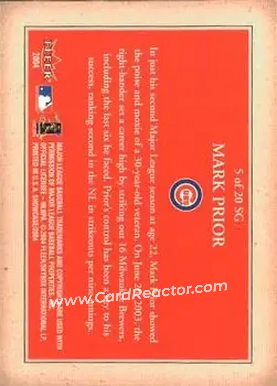 2004 Fleer Showcase - Showcase Grace #5 SG - Mark Prior - Chicago Cubs - Back 2004 Fleer Showcase - Showcase Grace #5 SG - Mark Prior - Chicago Cubs - Back