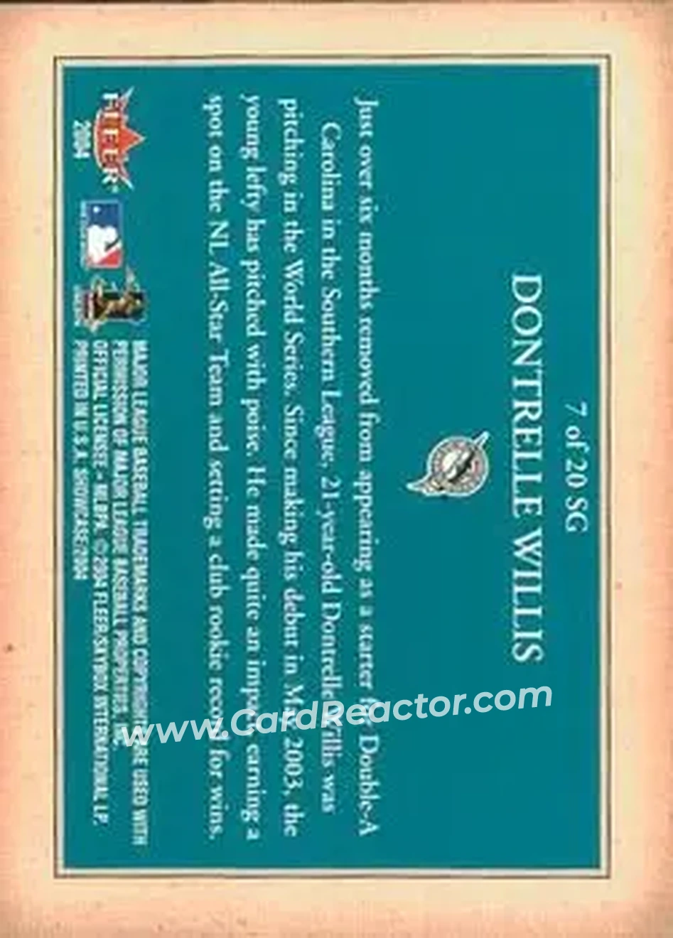 2004 Fleer Showcase - Showcase Grace #7 SG - Dontrelle Willis - Florida Marlins - Back 2004 Fleer Showcase - Showcase Grace #7 SG - Dontrelle Willis - Florida Marlins - Back
